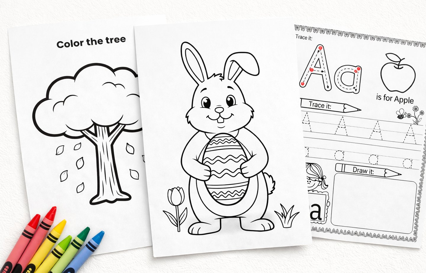 Printable coloring pages for kids featuring a tree, Easter bunny with egg, and alphabet letter tracing.