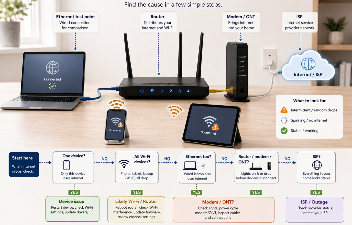 Internet drops randomly troubleshooting diagram showing device, Wi-Fi, router, modem or ONT, Ethernet, and ISP checks.