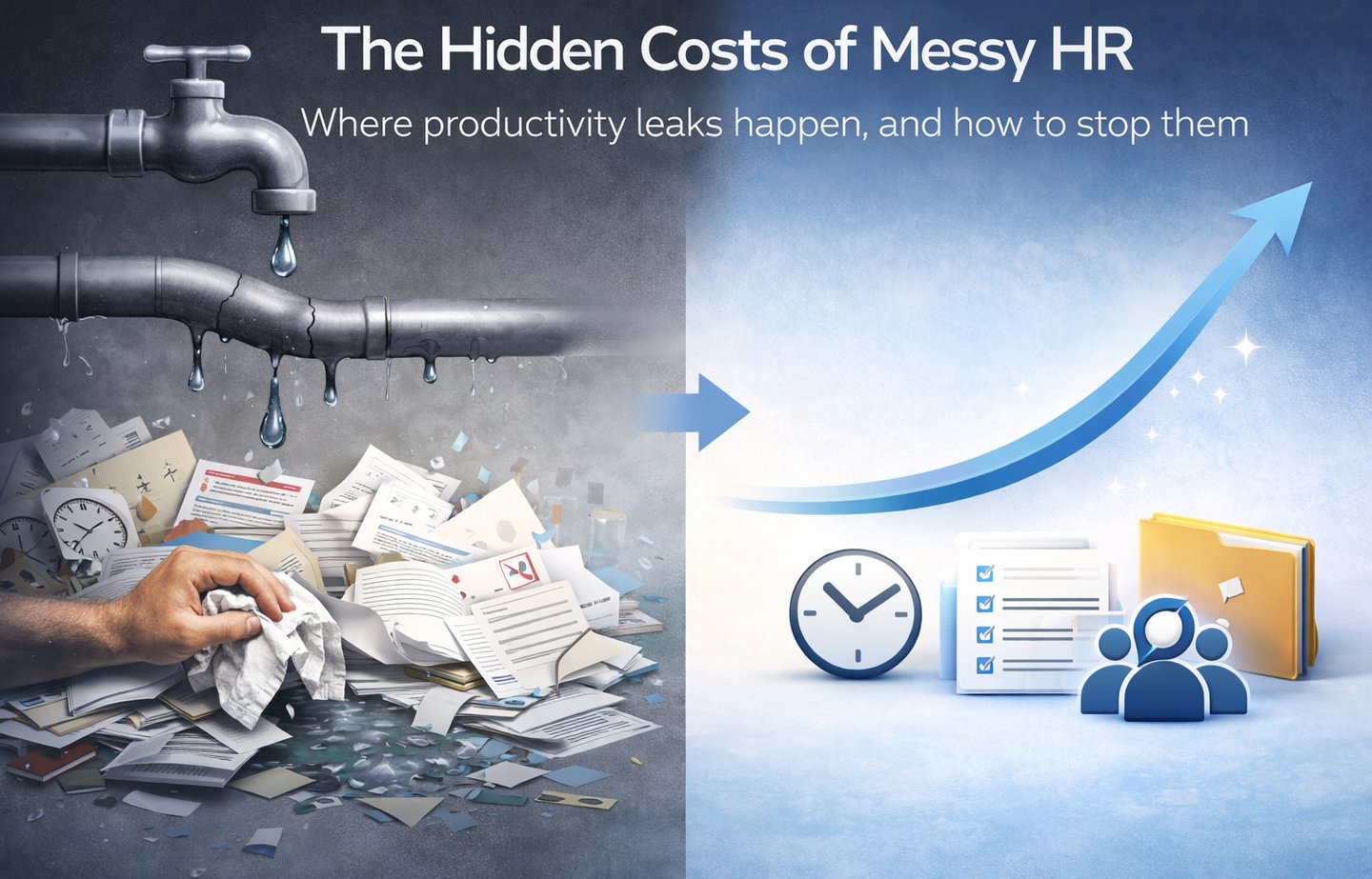 Hidden costs of messy HR: Productivity leaks, paperwork clutter, and a shift to a clean HR system.