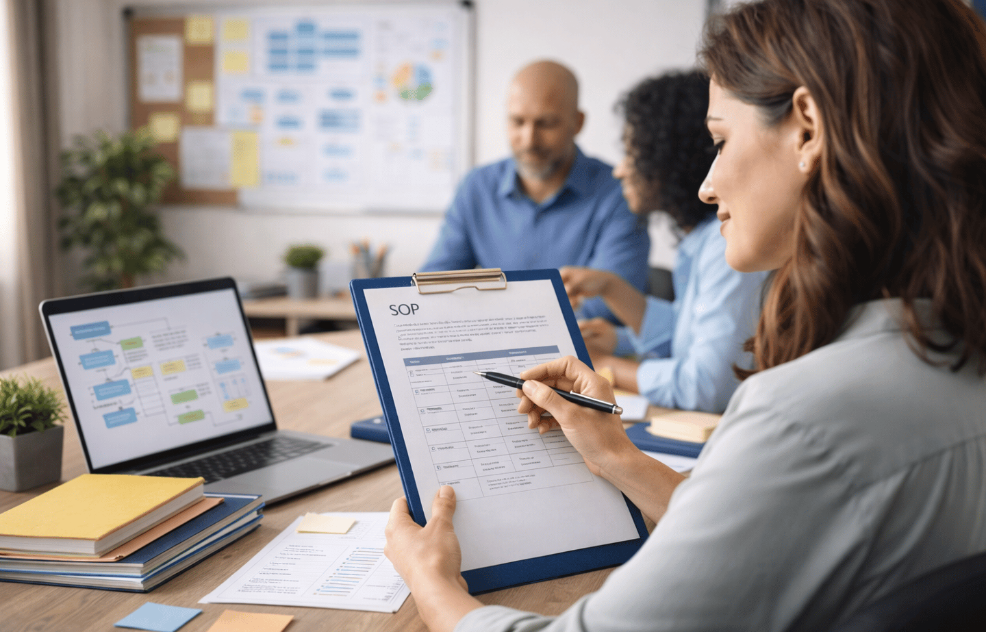 Team reviews SOP workflow to turn written processes into daily practice.