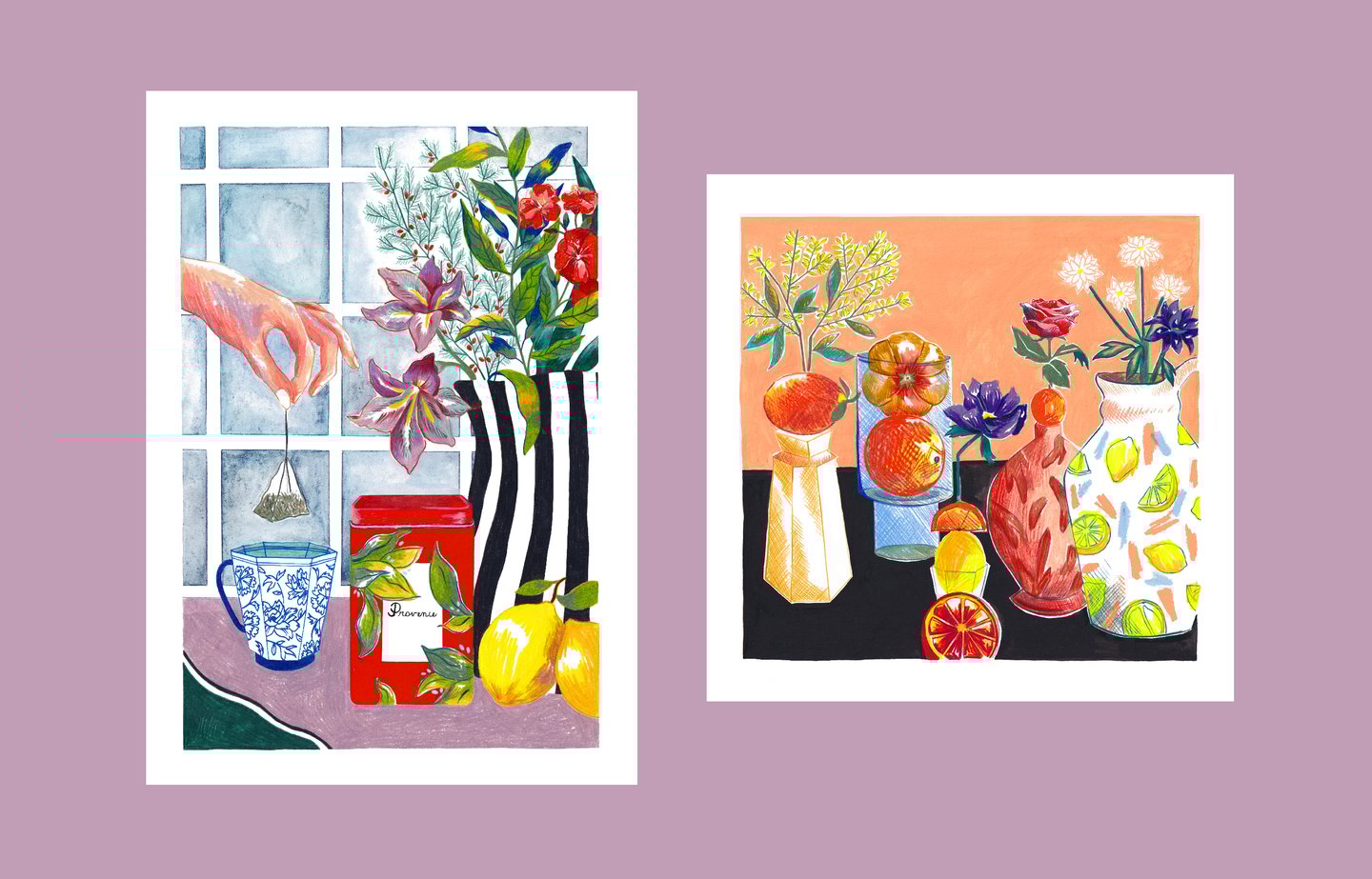 two paintings of flowers and fruit in a vase