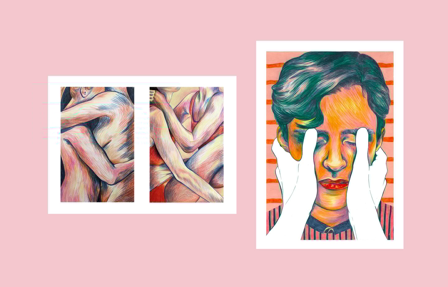 a woman with her hands on her face and two paintings of her face