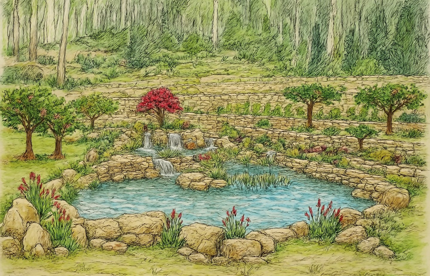 Full color conceptual render of natural pool with wetland, waterfalls & naturescape | Aqua Vitae