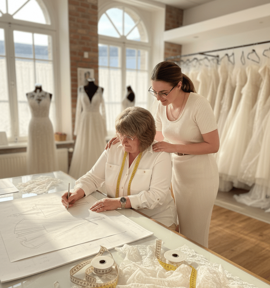 A bridal gown designer sketches a wedding dress pattern with an assistant in a sunlit bridal boutique.