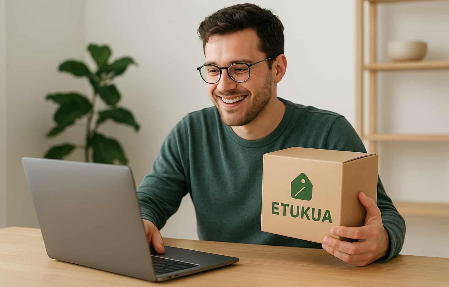 Persona sonriente usando un laptop con un empaque de Etukua listo para ser devuelto, mostrando proce