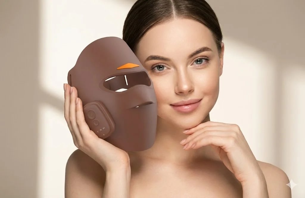 Woman holding a brown LED light therapy mask for facial skincare and anti-aging treatment.