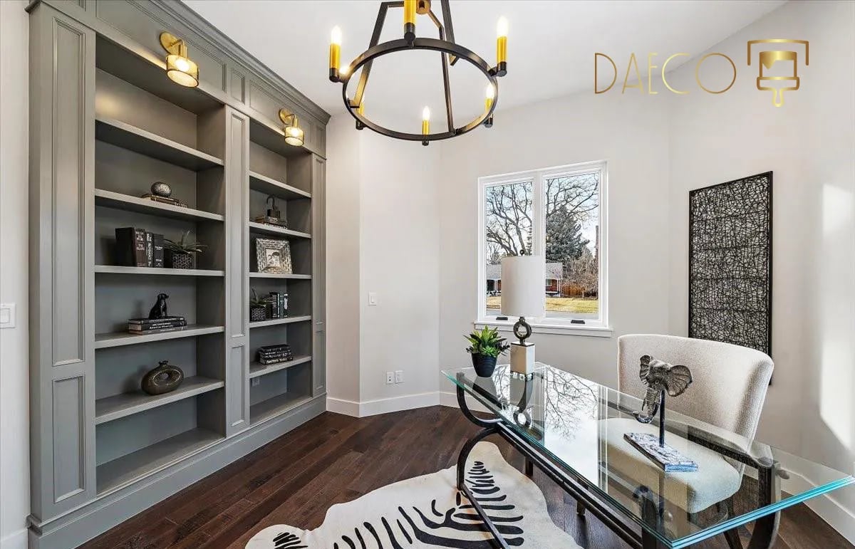 a home office with a zebra print rug and a zebra print rug