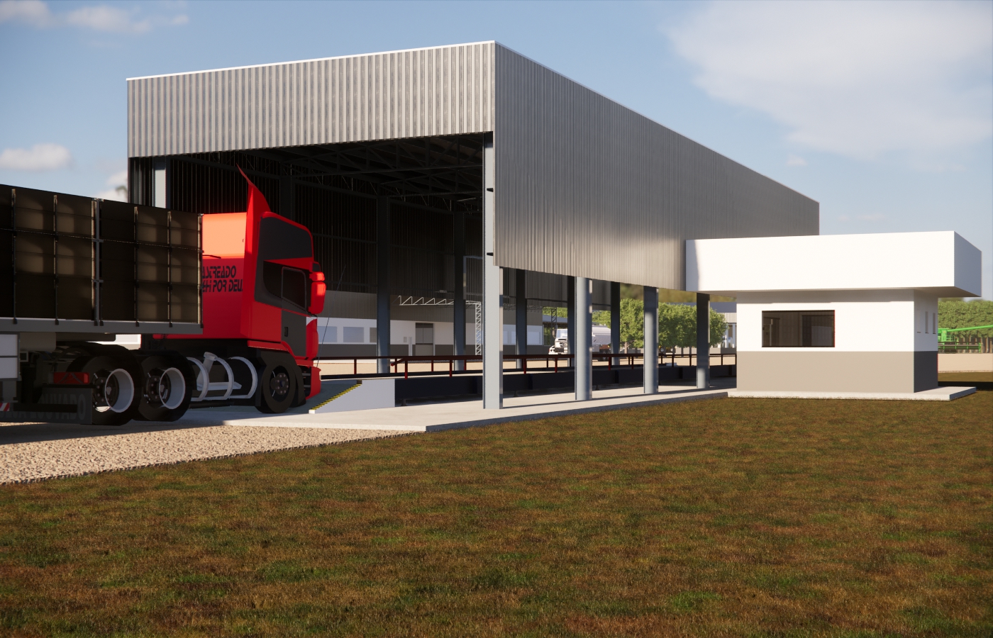 Estrutura coberta de balança para caminhões com casa de apoio administrativa na fazenda