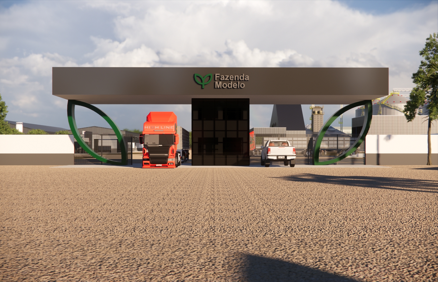 Guarita de entrada da fazenda com cobertura e área de controle de acesso