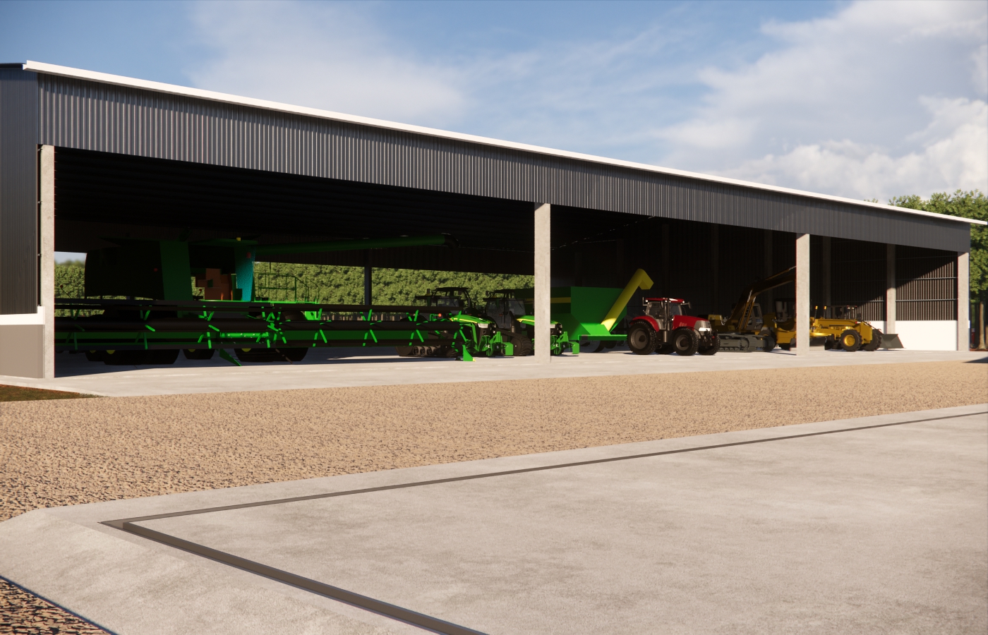 Galpão para abrigo de maquinário agrícola com amplo acesso