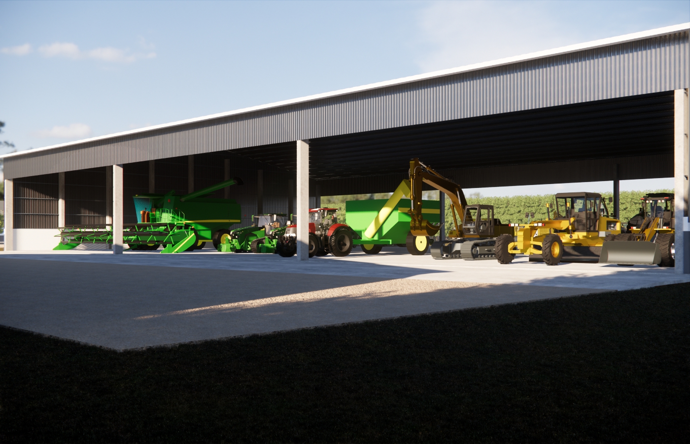 Galpão para abrigo de maquinário agrícola com amplo acesso