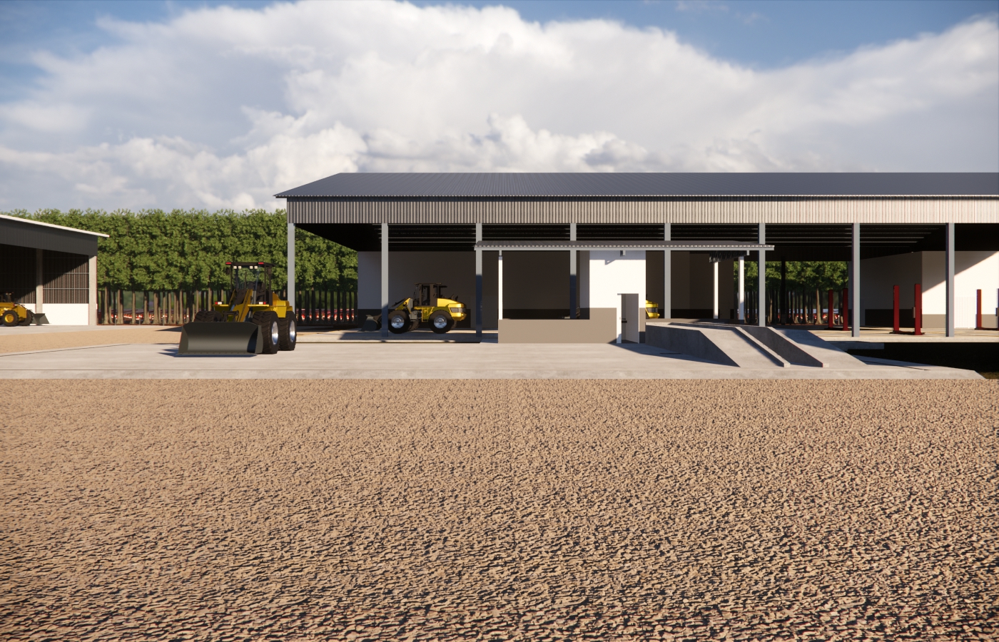 Área pavimentada com sistema de drenagem para lavagem de máquinas