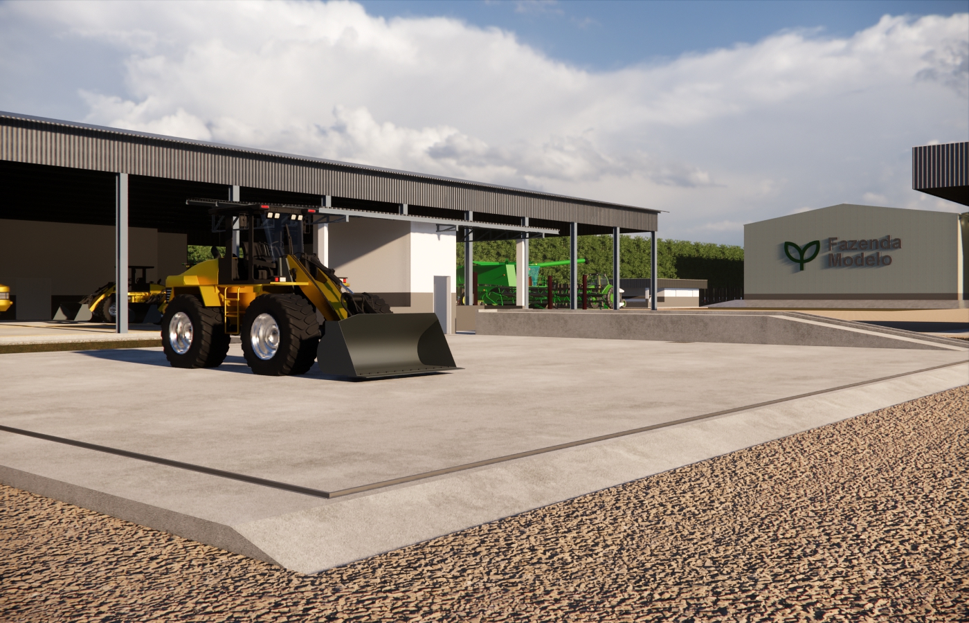 Área pavimentada com sistema de drenagem para lavagem de máquinas