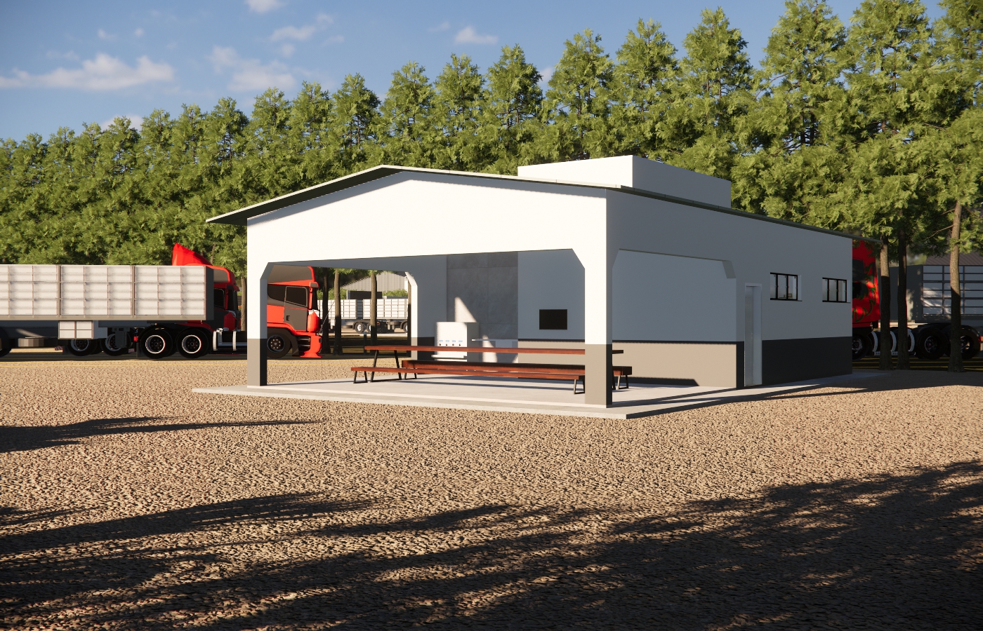 Estrutura com sanitários e espaço de descanso para motoristas de caminhão