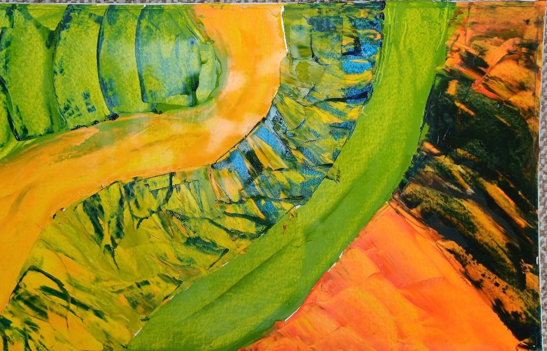 Dinosaur — curved green and orange forms suggesting prehistoric face and scales, acrylic, by Zanda