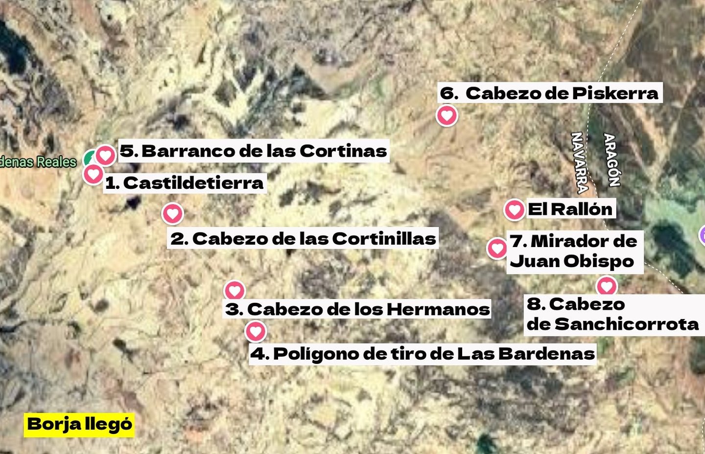 Mapa de la ruta circular por las Bardenas Reales con 8 puntos de interés marcados