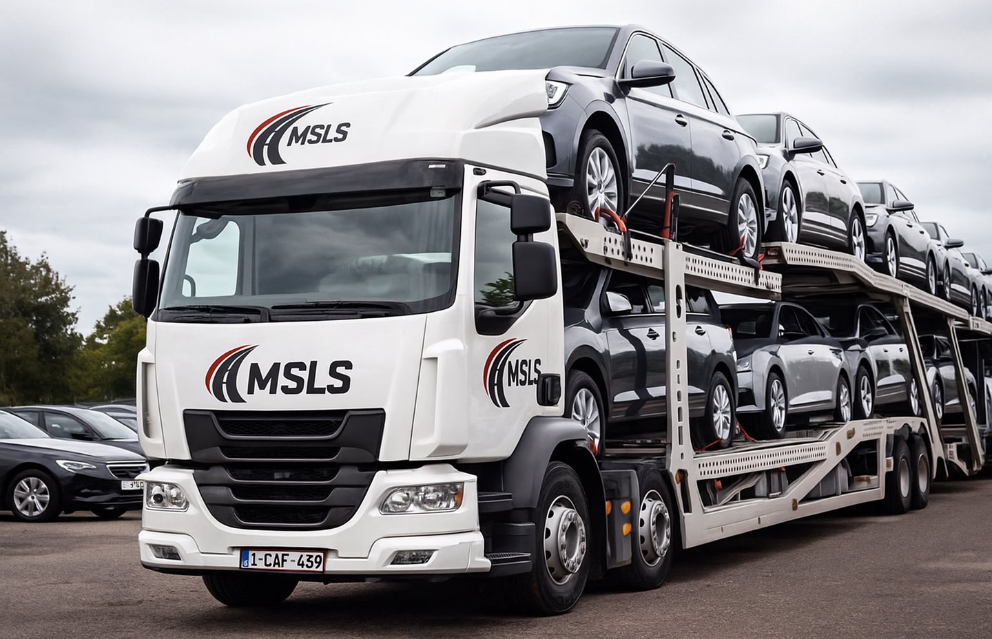 Didelis autovežis su MSLS logotipu perveža pilną partiją naujų automobilių.