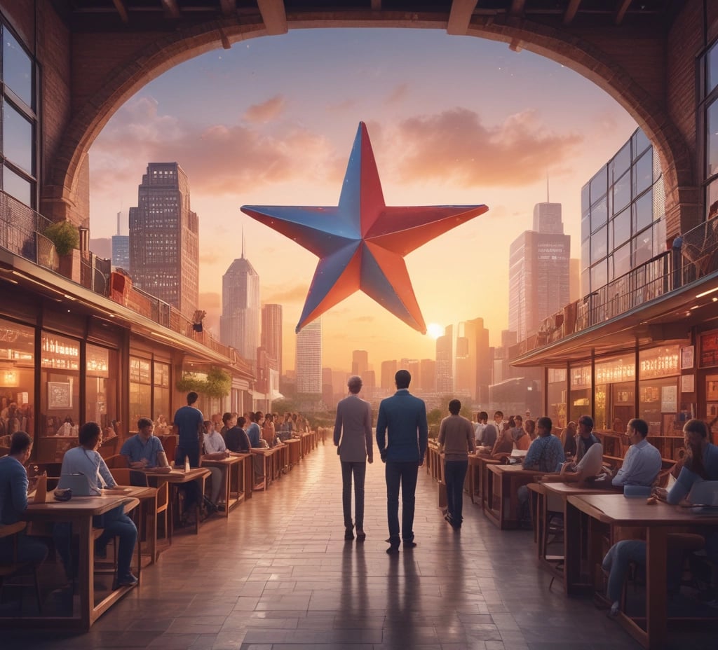 a man standing in a restaurant with a giant star in the middle of the picture