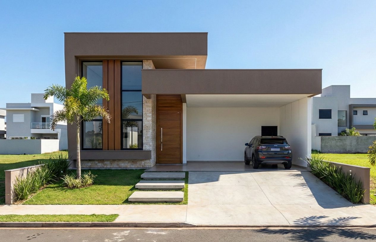 Fachada de residência moderna com garagem e projeto residencial compatibilizado.