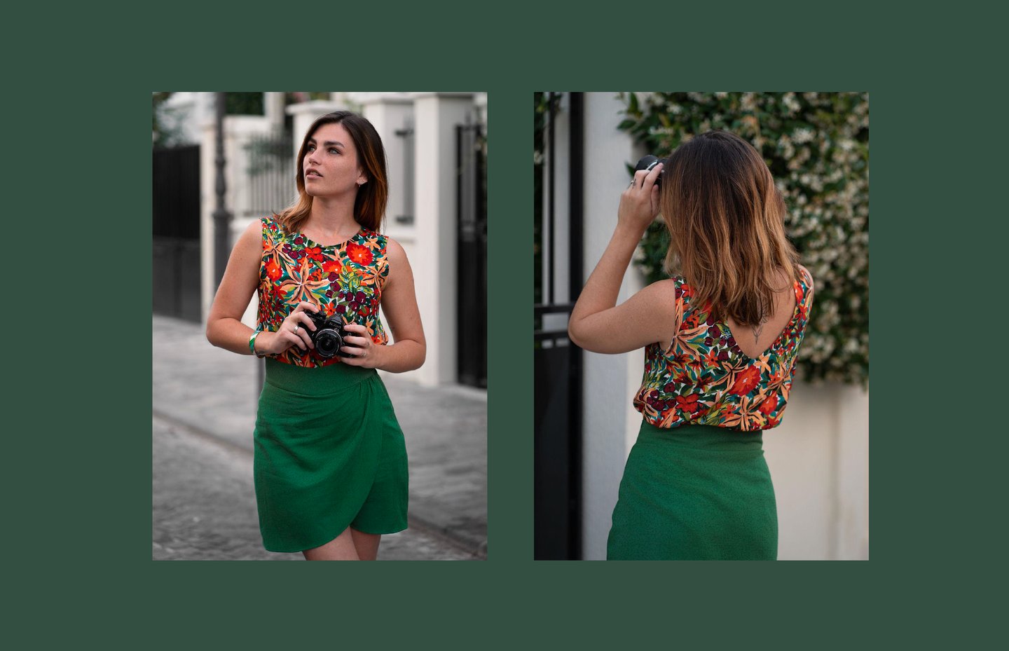 a woman in a floral top and skirt