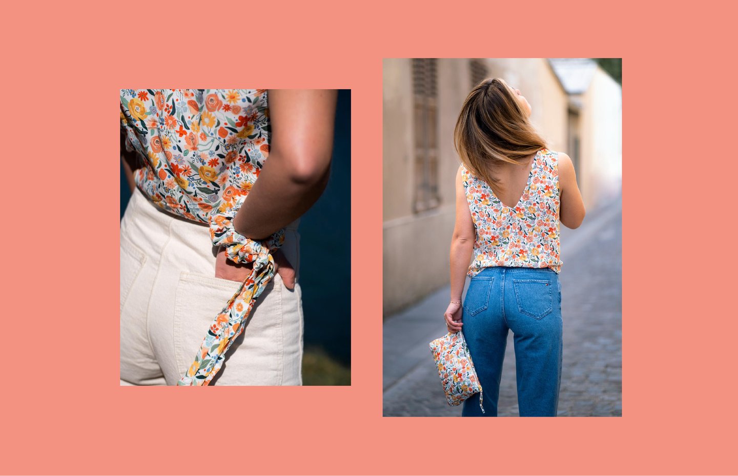 a woman in a floral top and jeans jeans