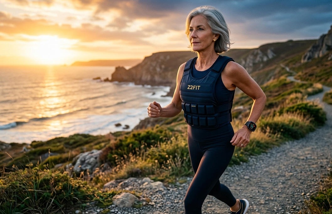 Woman running with a weighted vest