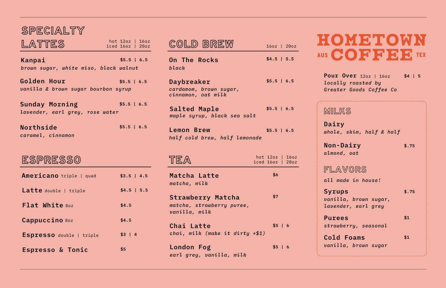 Coffee Menu includes espresso, hot lattes, iced latte, creative homemade syrups, cold brew, and tea