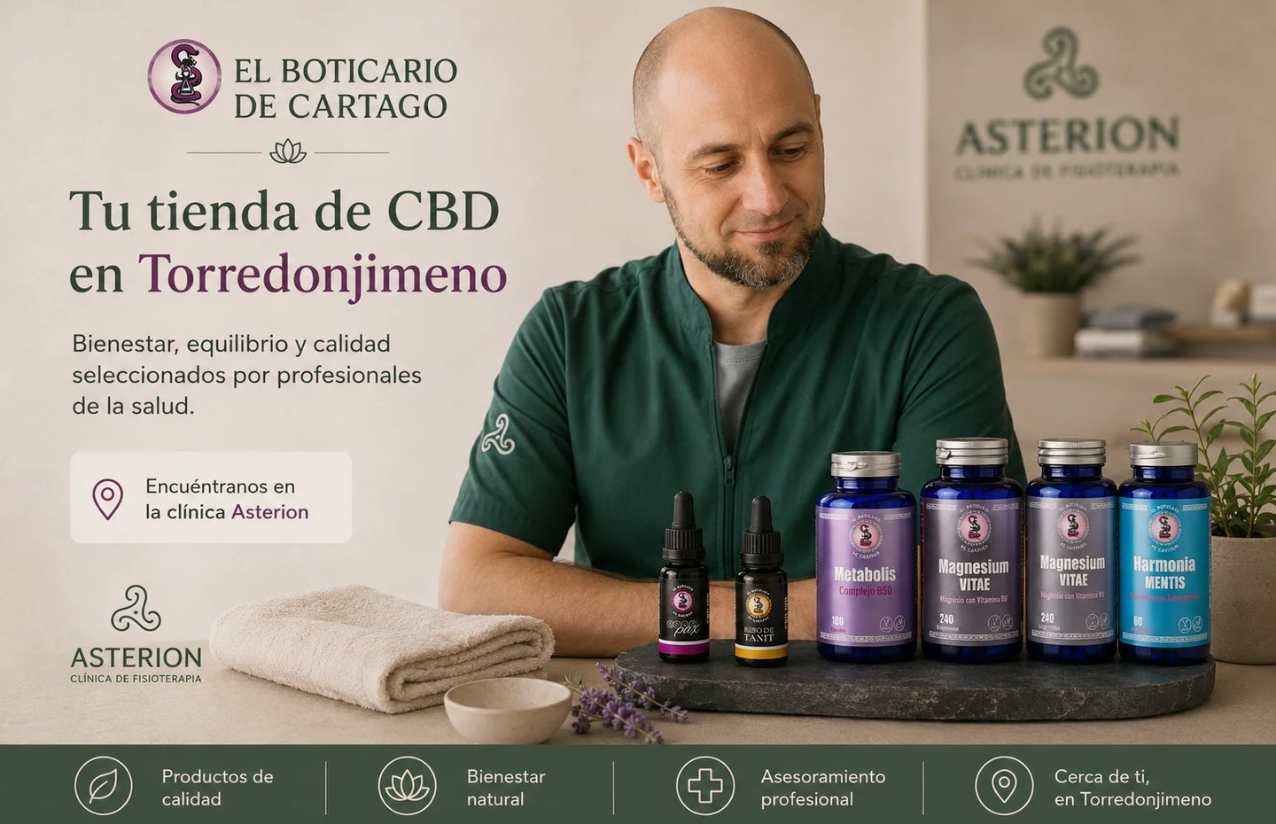 Fisioterapeuta de Clínica Asterion junto a aceites CBD y suplementos de El Boticario de Cartago en T