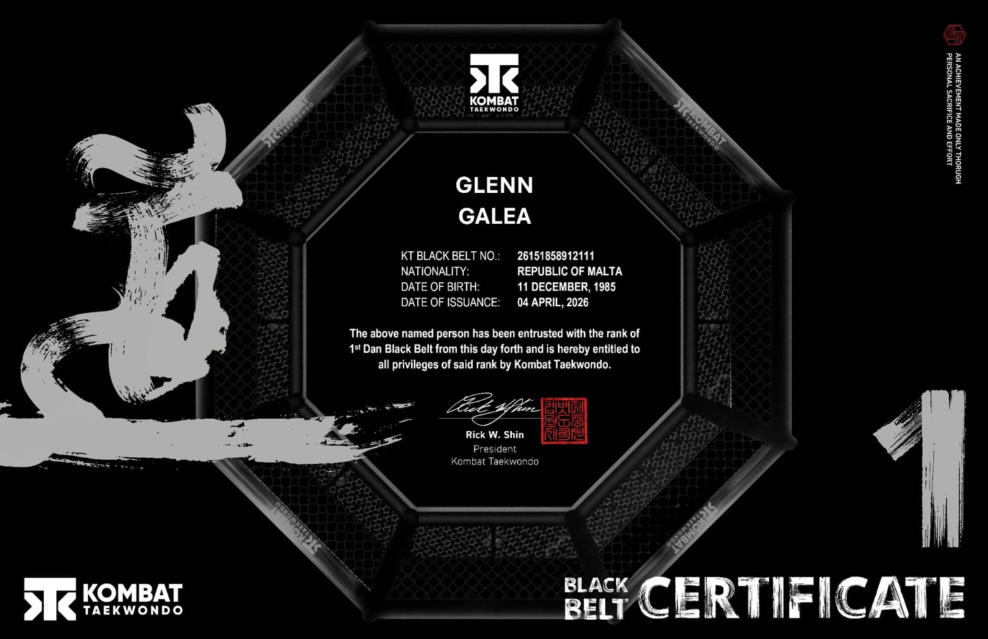 Official Kombat Taekwondo 1st Dan Black Belt Certificate for Glenn Galea from the Republic of Malta.