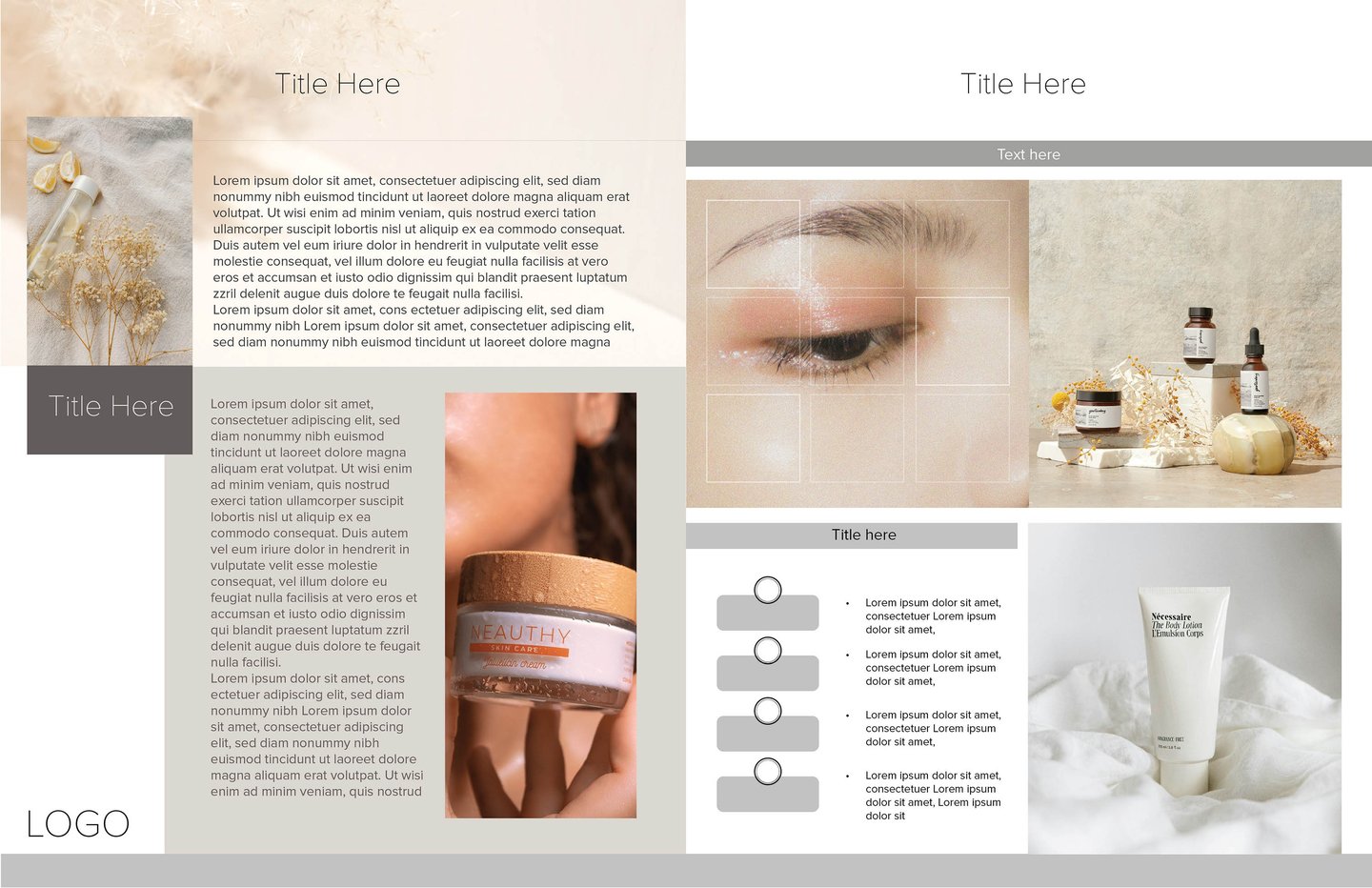 Print catalog layout for luxury skincare brand featuring