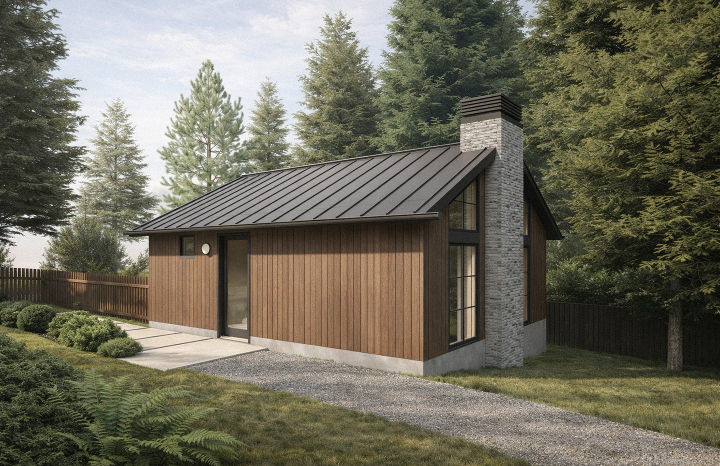 Modern small cabin with vertical wood siding, metal roof, and stone chimney in a forest.