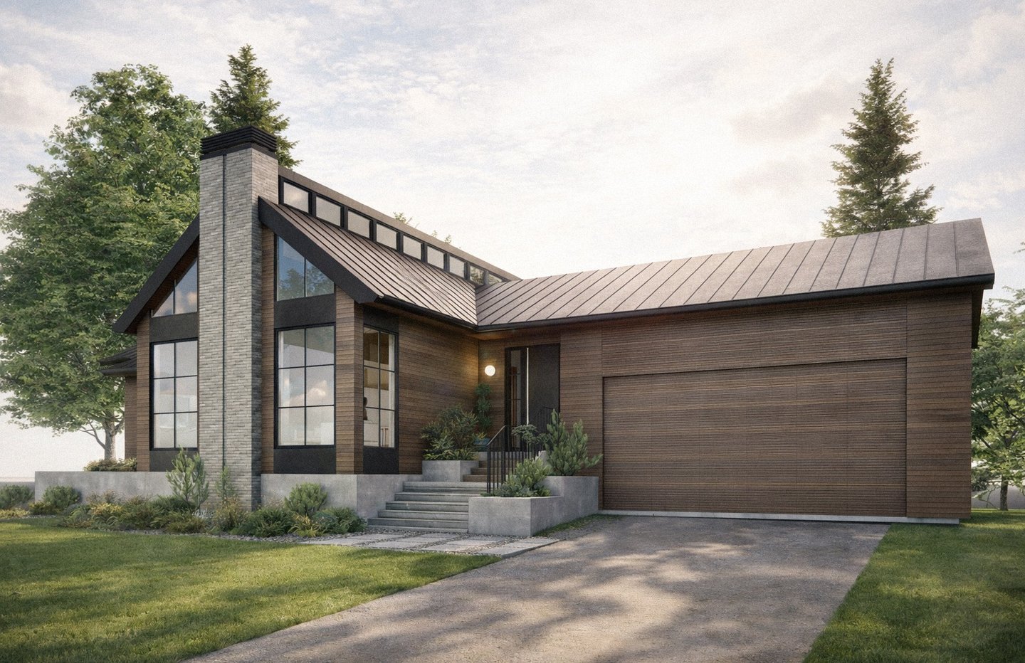 Wood and black metal modern home with stone chimney and clerestory windows