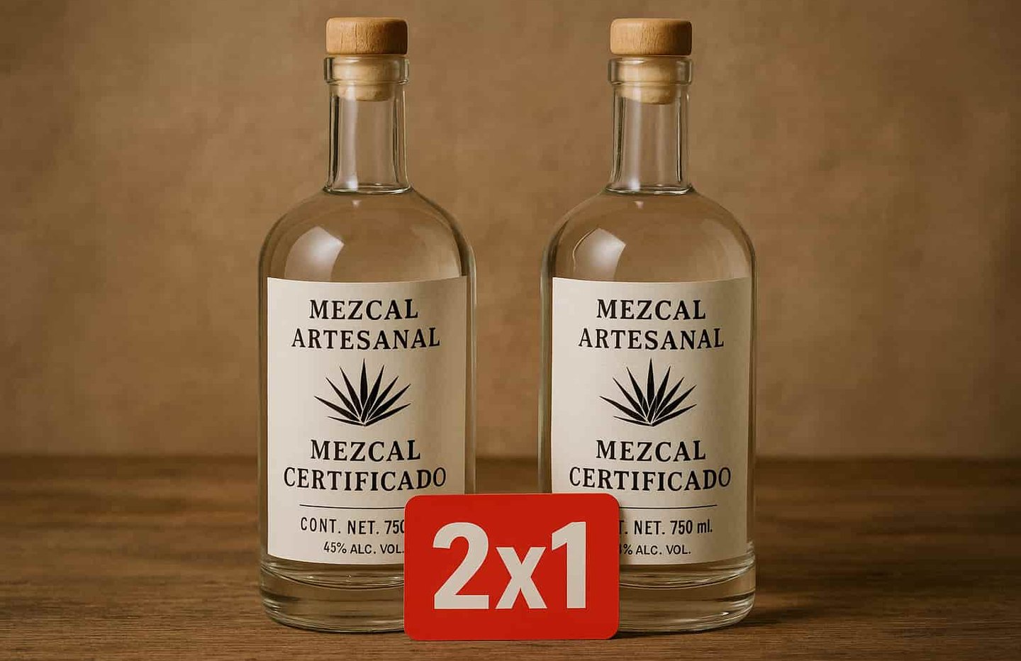 Dos botellas de mezcal artesanal certificado con etiqueta de promoción 2x1