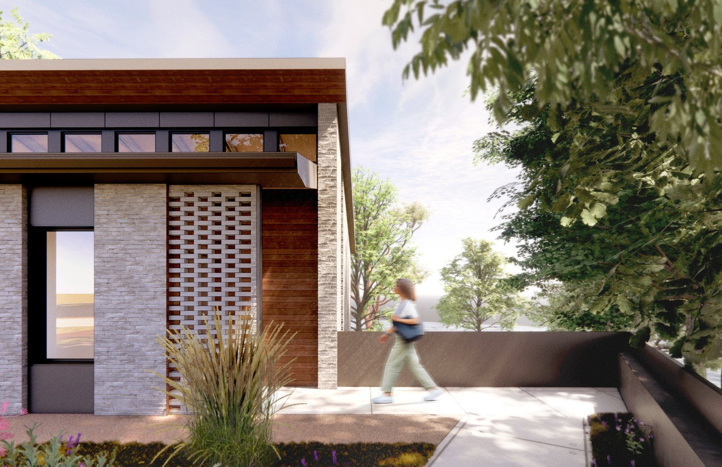 Exterior of a home, with a brick screen wall and wood accents
