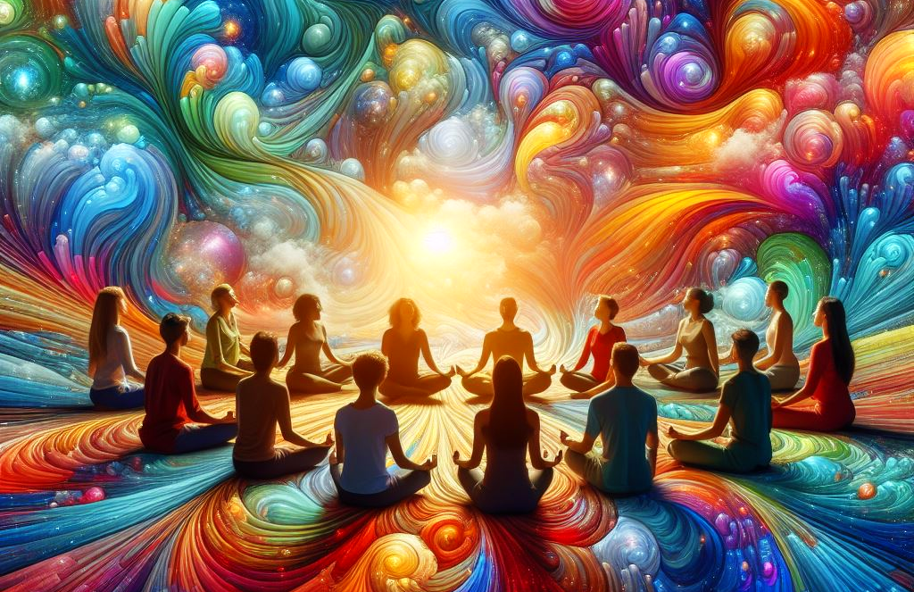 Group of people meditate in a circle surrounded by colorful psychedelic imagery