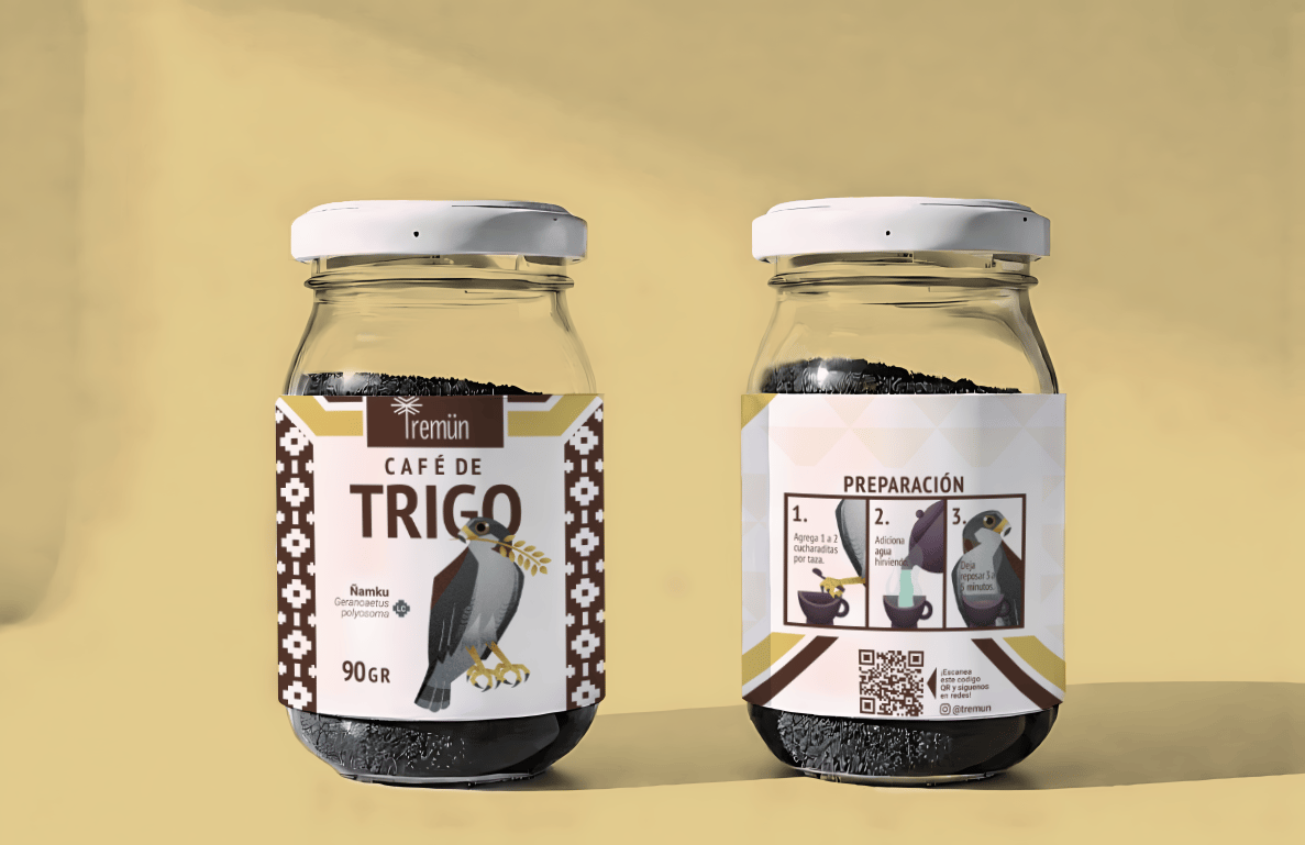 Two glass jars of Tremün Café de Trigo wheat coffee substitute with hawk label and preparation instructions.