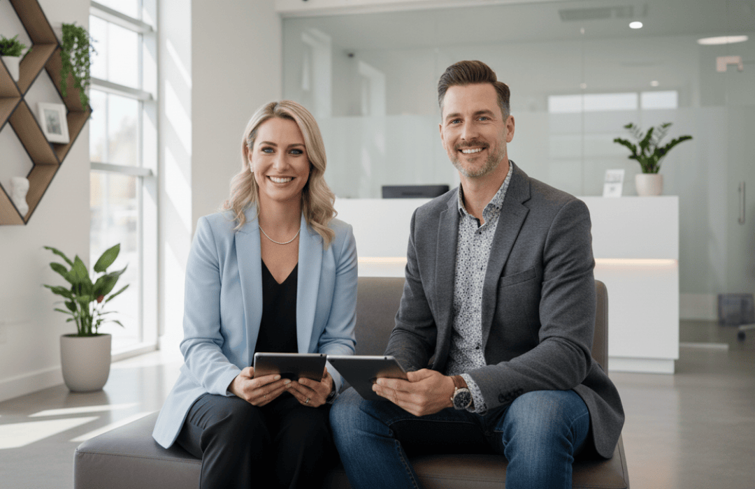 Un hombre y una mujer sonrientes, ambos sentados y sosteniendo tabletas, en una recepción
