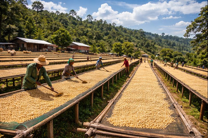 "Camas de secagem africanas elevadas com grãos de café etíope a secar ao sol durante o processamento