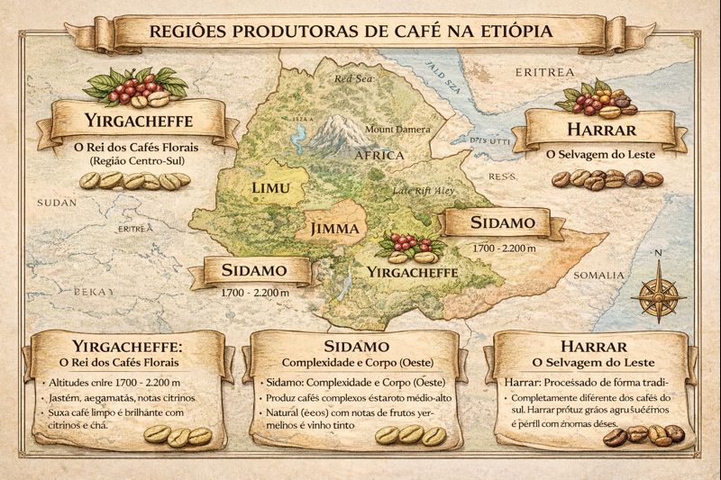 Mapa das principais regiões produtoras de café na Etiópia, incluindo Yirgacheffe, Sidamo, Harrar.