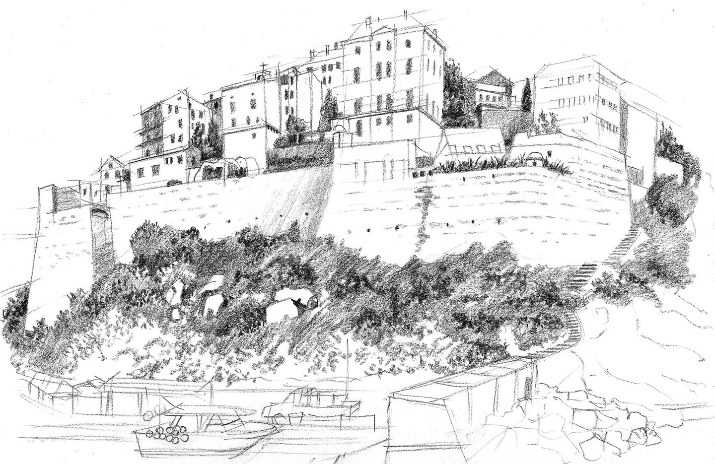 Dessin de paysage à la pierre noire représentant Calvi en Corse