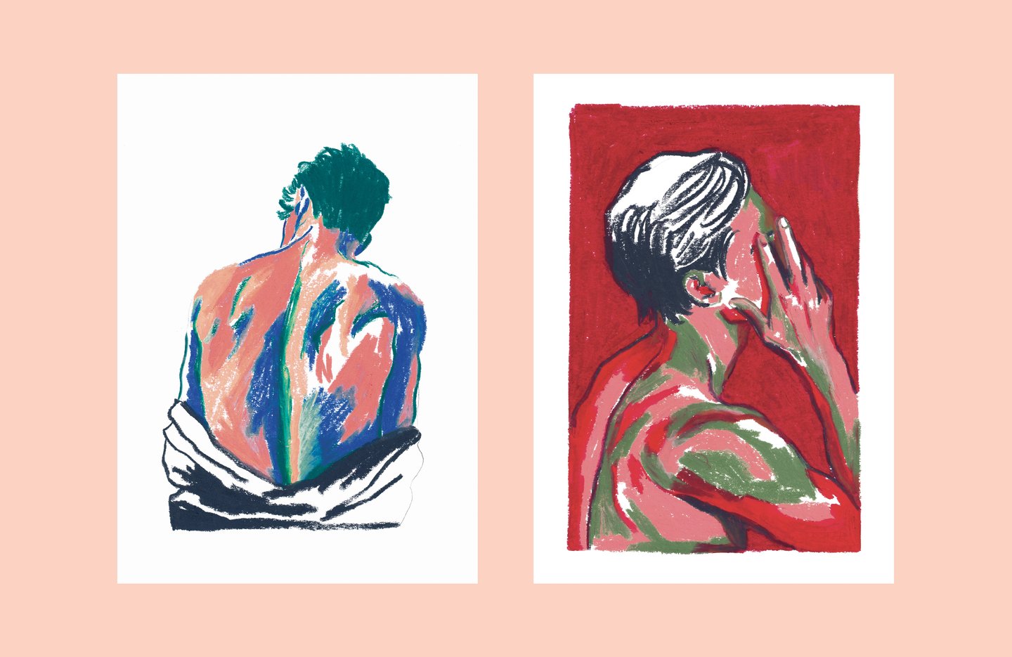 two paintings of a man and woman