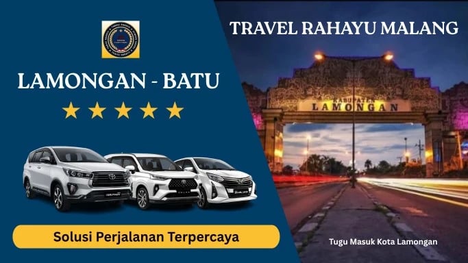 Travel Rahayu Malang rute Lamongan ke Batu pakai mobil Innova, Avanza, dengan latar Tugu Lamongan