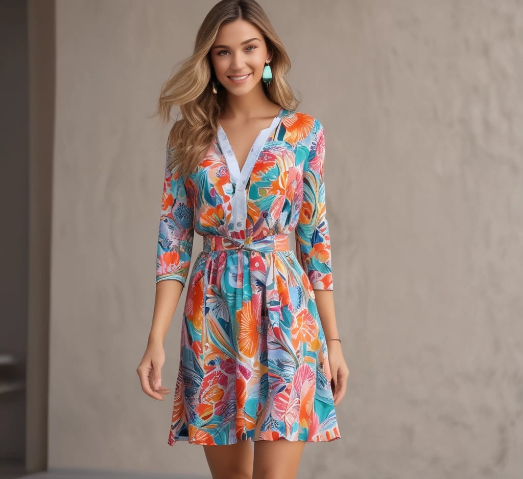 A bright and cheerful photo of a woman wearing a colorful fitness outfit outdoors.