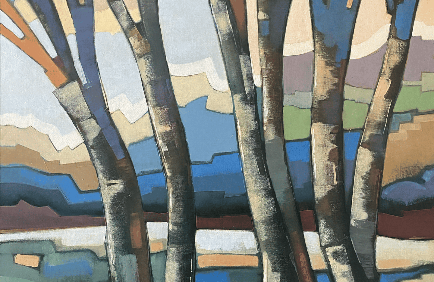 Architectural abstract oil painting with vertical structural forms and layered atmospheric color by