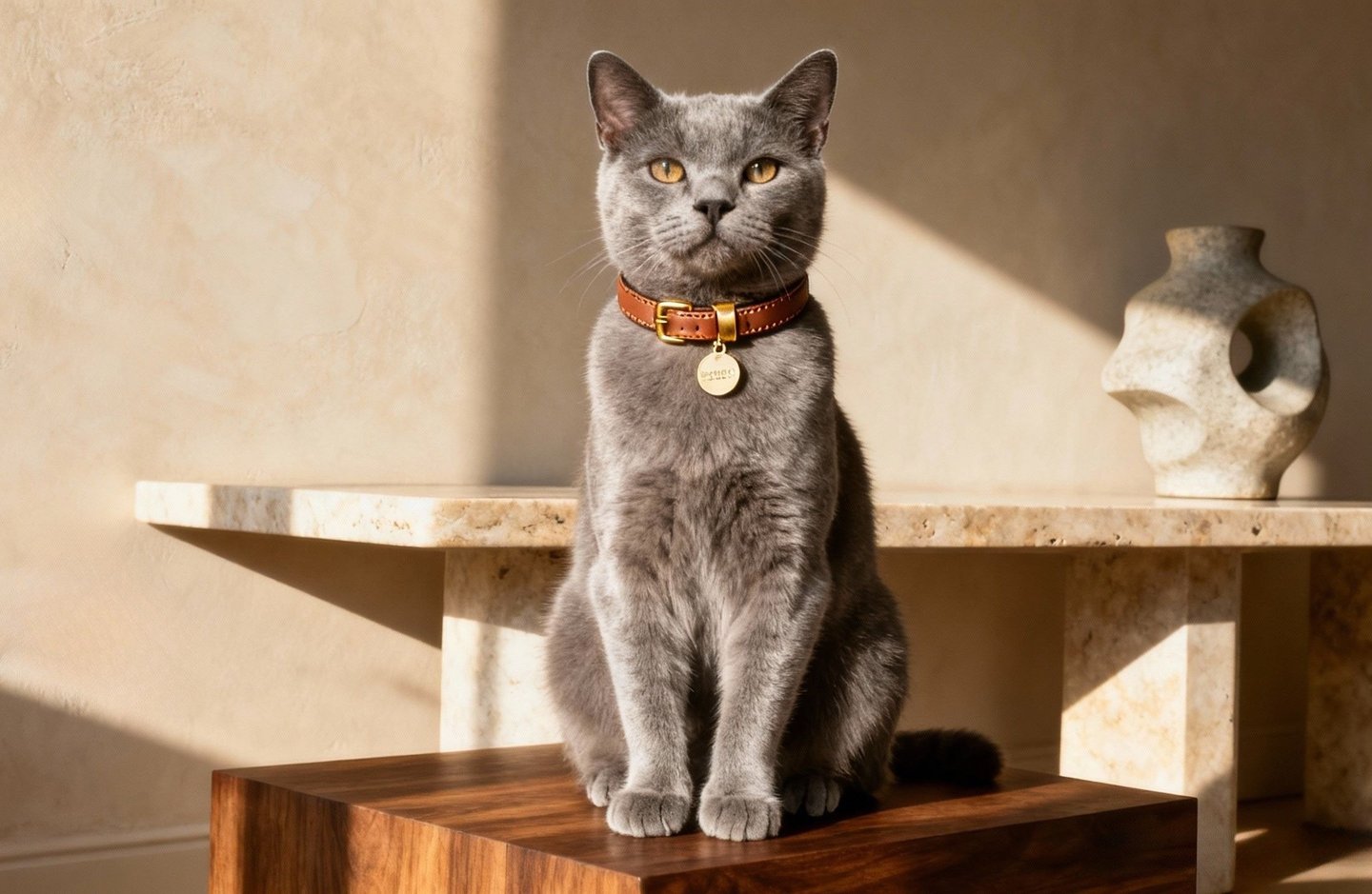 Elegant British Shorthair cat wearing a handcrafted Italian leather luxury collar in natural light