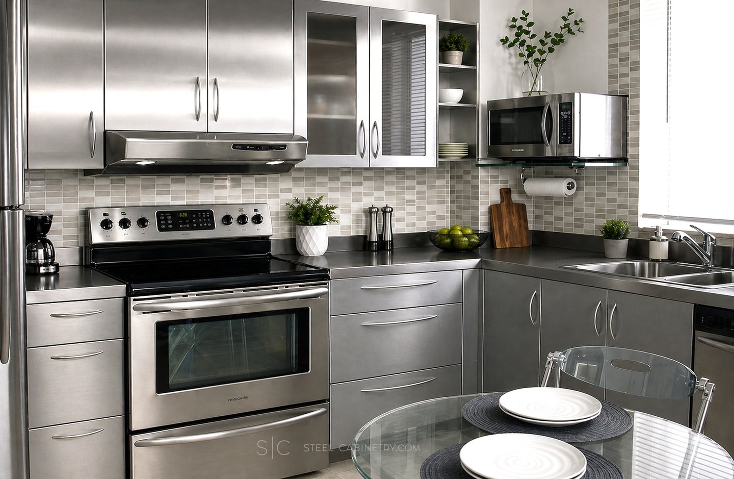 All stainless steel cabinets and counter top