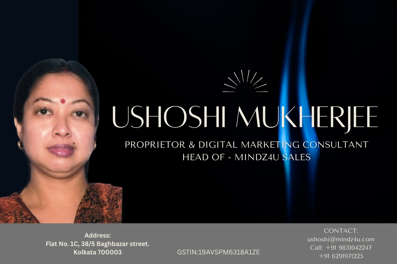 a woman with a black and white business card