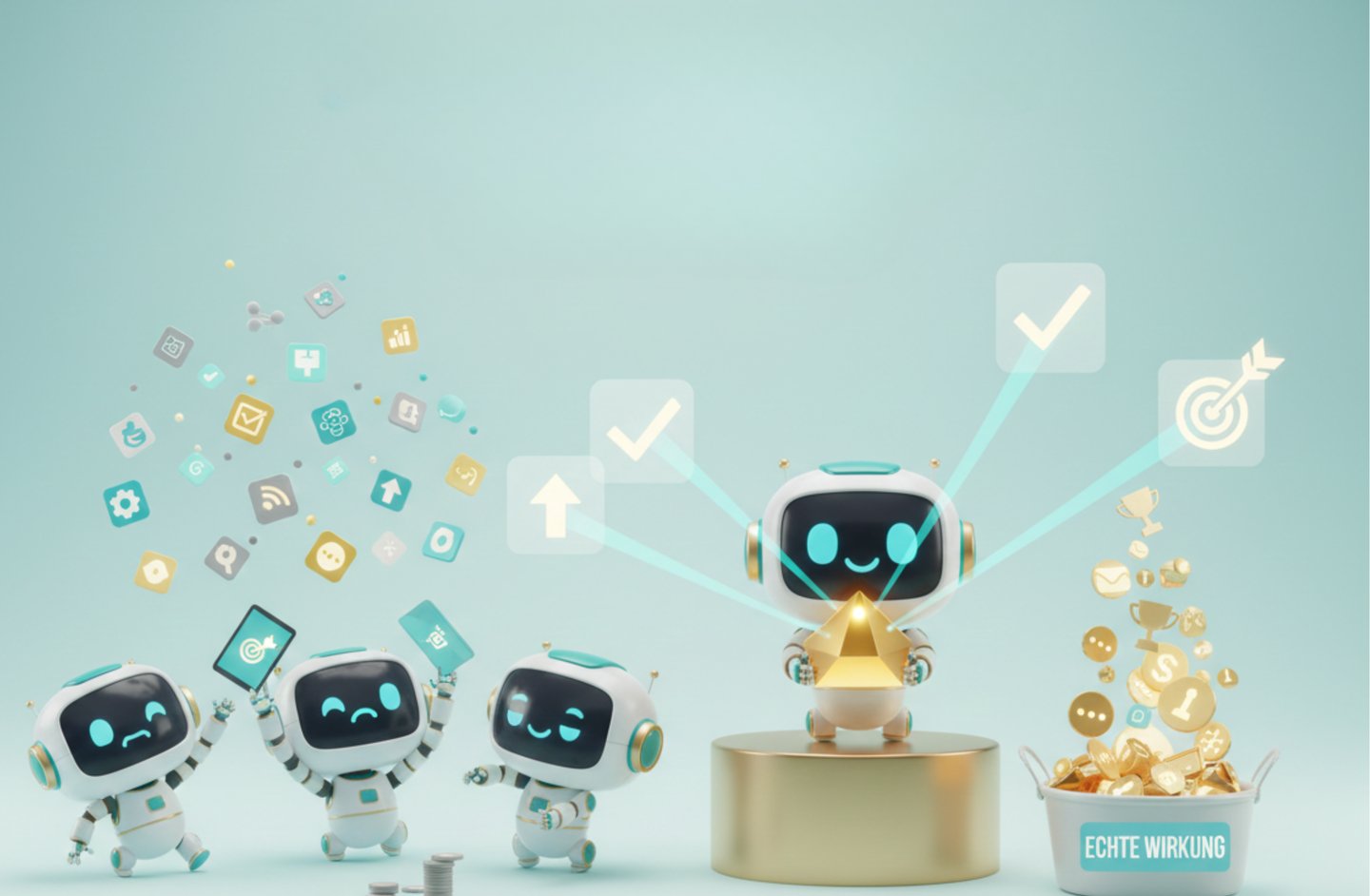 3D-Illustration: Kleine Roboter jonglieren chaotisch Tools (KI-Adoption), während ein Experte-Robote