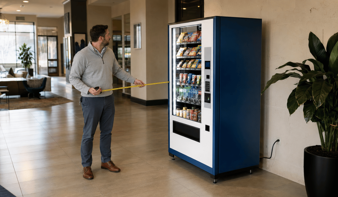 Property manager measuring clearance space for a blue-and-white vending machine in a Nashville apartment lobby.