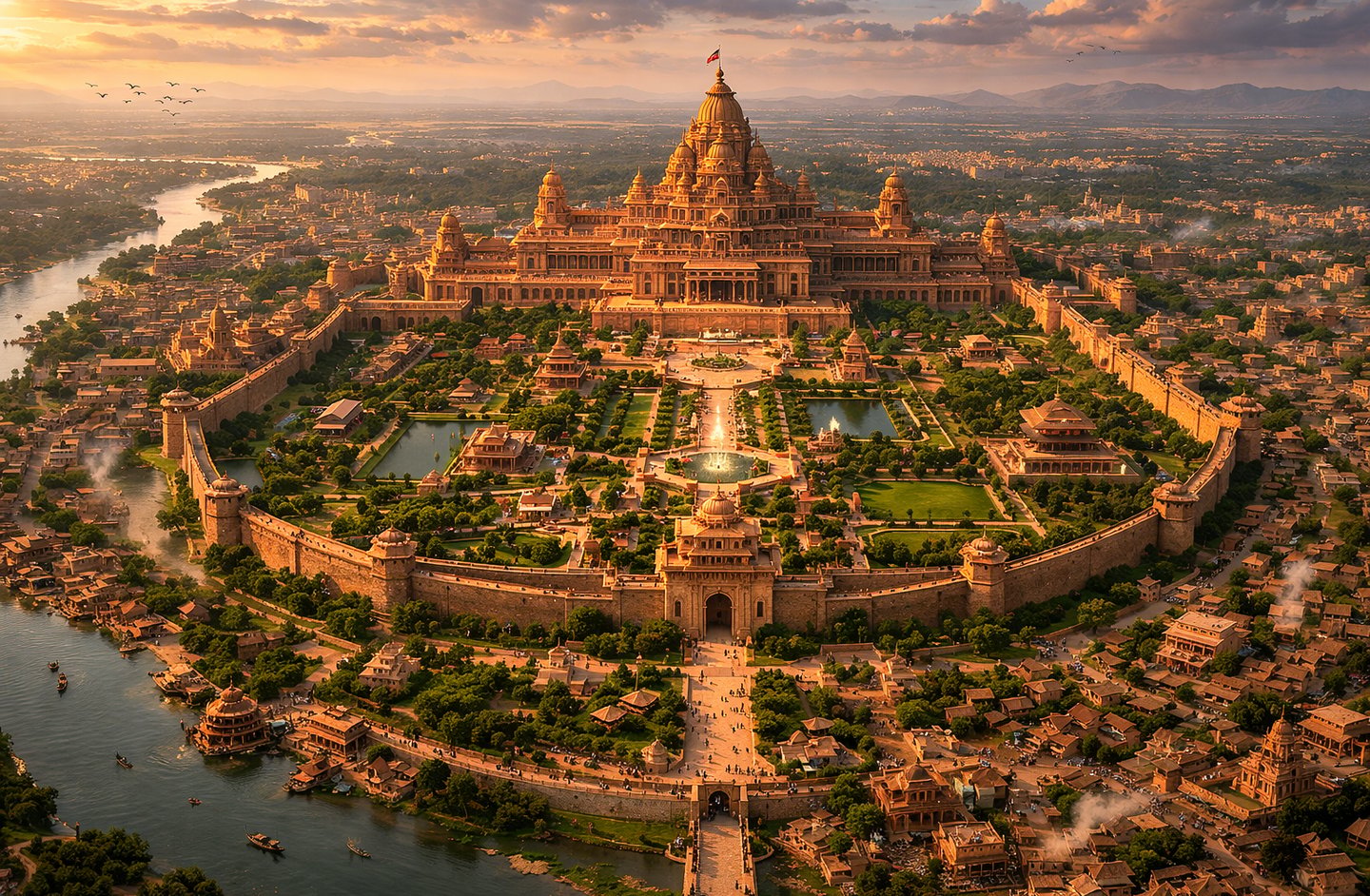 Aerial view of a majestic golden Hindu temple complex with traditional architecture at sunset.